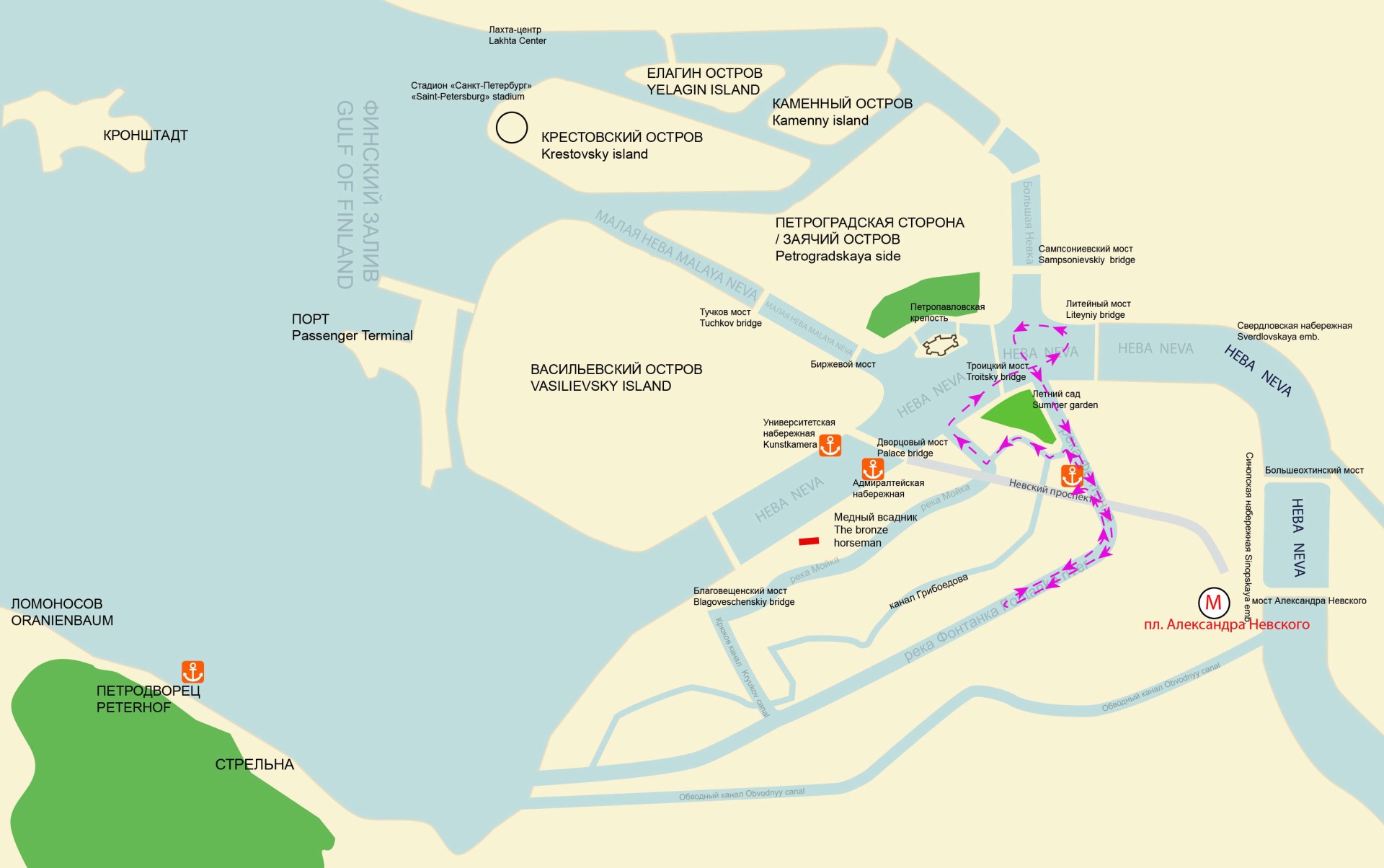 Карта водных маршрутов по рекам и каналам Санкт-Петербурга